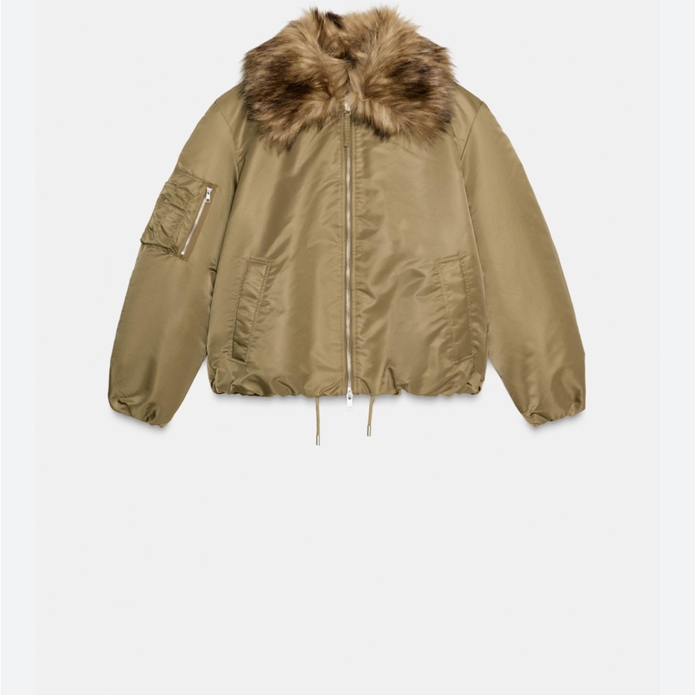 ZARA Stylish Tan Bomber Jacket with Faux Fur Collar